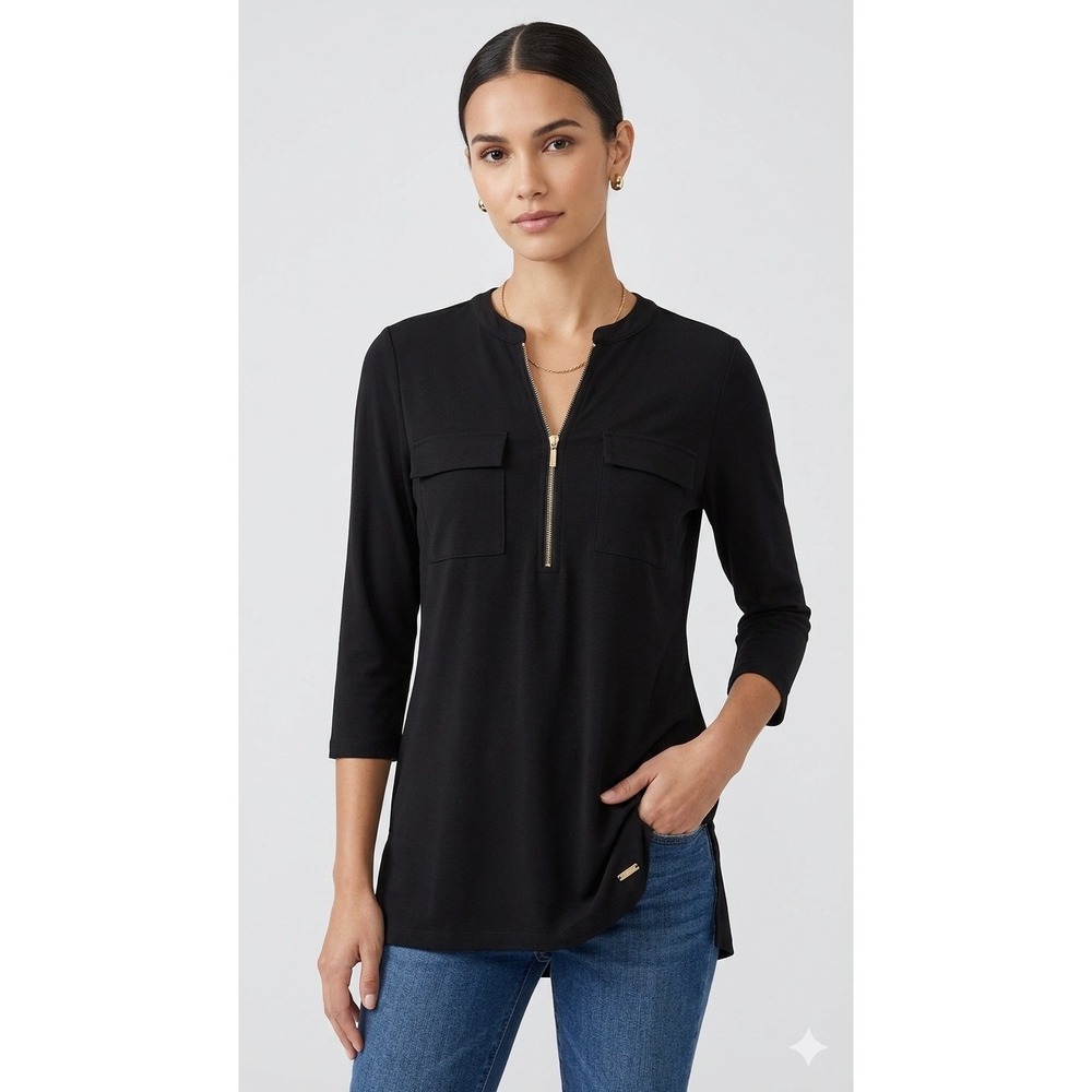 Ellen Tracy Black Half Zip 3/4 Sleeve Tunic Top Sz S Minimalist Dark Academia